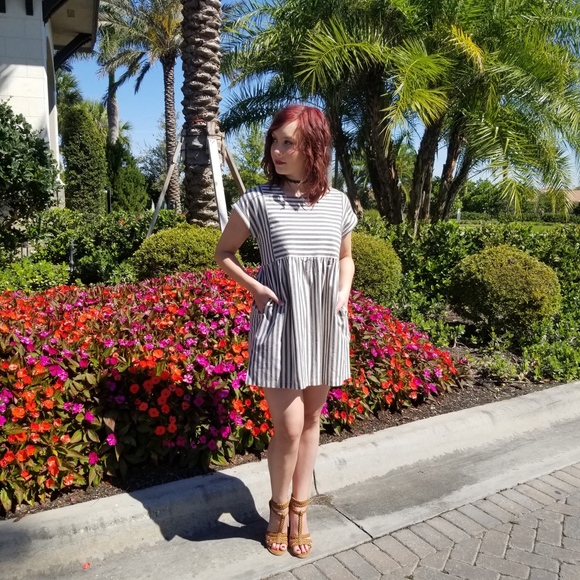 LAST // Navy Stripe Pleated Babydoll Dress - Picture 5 of 6